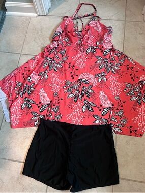 Coral Floral Tankini Swim Top with Black Swim Shorts